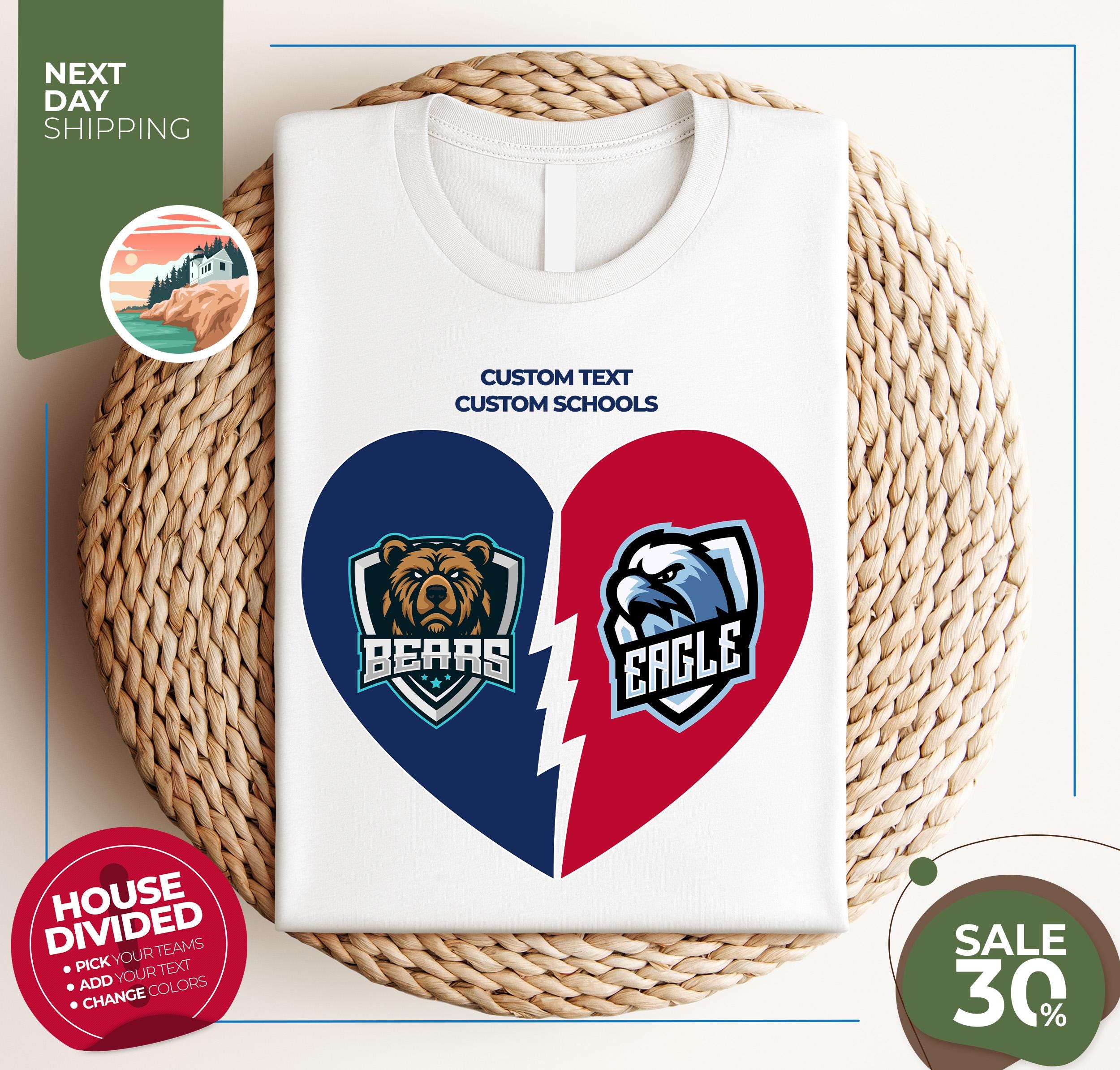 Custom Two College Heart Tshirt | Dual School Unisex Shirt | House Divided Tee | Any College Sport | Any Team Logo | Personalized Gift Idea