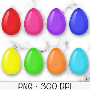 May include: Eight plastic Easter eggs in various colors: red, pink, purple, blue, yellow, green, orange, and light blue. The eggs are arranged in two rows of four on a white marble background.