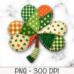 May include: A patchwork shamrock in shades of green, orange, and cream, with a brown stem. The shamrock is made up of various patterns, such as polka dots, gingham, and floral designs. The image also includes the text "PNG • 300 DPI".