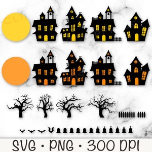 SVG-bundel spookhuis, spookhuiselementen DIY, spookhuis clipart, vleermuis, enge boom, maan, grafsteen, hek, griezelige scène, vector