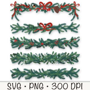 May include: A collection of five Christmas garland designs. The garlands feature green foliage, red berries, and red bows. One garland includes a pinecone. The bottom of the image displays the text "SVG • PNG • 300 DPI".