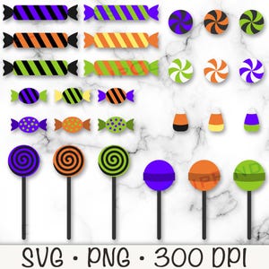 May include: A set of Halloween-themed candy graphics, including lollipops, candy canes, and wrapped candies in various colors and patterns.  The graphics are perfect for creating digital or printed designs.