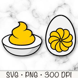 Può includere: Due illustrazioni di uova ripiene. Una mostra un uovo a metà con un ripieno giallo a spirale. L'altra mostra un uovo a metà con un ripieno giallo a forma di fiore. Il testo "SVG • PNG • 300 DPI" è in basso.