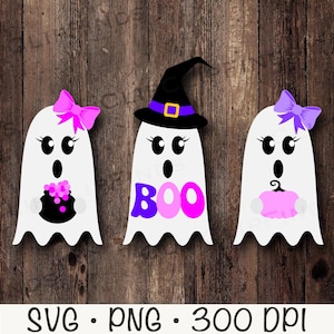 May include: Three white ghosts with pink and purple accents. One ghost is wearing a witch's hat and says "BOO" in purple and pink letters. Another ghost is holding a pink cauldron and the third ghost is holding a black cauldron.