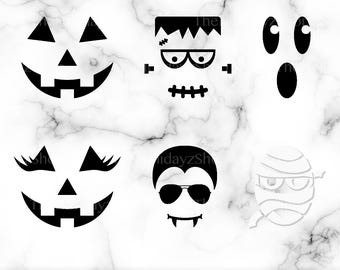 May include: A collection of six black graphic icons featuring Halloween characters including a jack-o'-lantern, Frankenstein's monster, a ghost, a jack-o'-lantern with eyelashes, a vampire with sunglasses, and a mummy. Text reads SVG PNG 300 DPI.