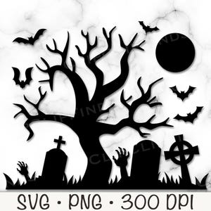Halloween-kerkhofscène SVG, kerkhof SVG, begraafplaats SVG, spookachtige boom, zombiehand, vleermuizen, maan, grafsteen, digitale download