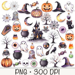 Könnte beinhalten: Eine Sammlung von Halloween-Illustrationen in Aquarell. Enthält Kürbisse, Hexenhüte, ein Spukhaus, Geister, Fledermäuse, Kessel, Süßigkeiten und andere gruselige Elemente. Der Text "PNG • 300 DPI" befindet sich unten.