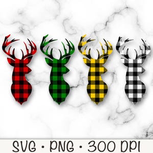 Könnte beinhalten: Vier digitale Cliparts mit einer Silhouette eines Hirschkopfes in verschiedenen Karomustern: Rot und Schwarz, Grün und Schwarz, Gelb und Schwarz sowie Weiß und Schwarz.