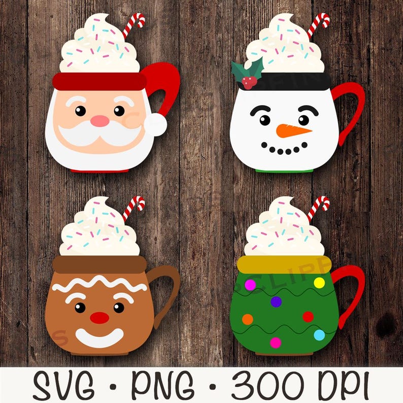 May include: Four Christmas-themed mugs with different character faces. The mugs are red, white, brown, and green with white frosting and sprinkles on top. Each mug has a candy cane sticking out of the frosting.
