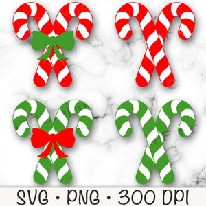 May include: Four digital clipart images of candy canes with red and white stripes or green and white stripes. Two of the candy canes are crossed and tied with a red bow, and the other two are crossed and tied with a green bow.