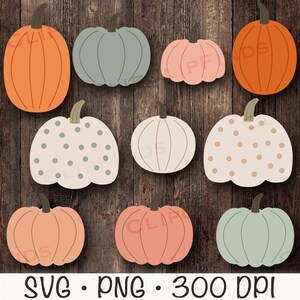 Puede incluir: Diez dise&ntilde;os de calabaza diferentes en varios colores, incluyendo naranja, melocot&oacute;n, verde claro y blanco con lunares marrones. Las calabazas son todas de estilo plano y de dibujos animados y son perfectas para manualidades y decoraciones de oto&ntilde;o.