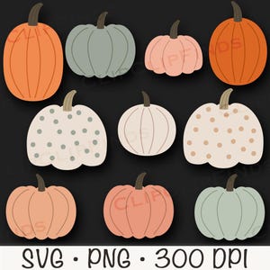 Puede incluir: Nueve ilustraciones de calabazas diferentes en varios colores y patrones. Las calabazas son naranja, melocot&oacute;n, rosa claro, blanco con lunares marrones y azul claro. Las calabazas est&aacute;n todas en un estilo plano y de dibujos animados.