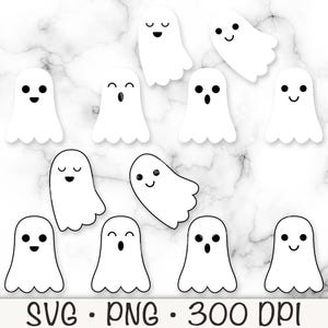 May include: A set of ten black and white ghost illustrations with different facial expressions. The ghosts are outlined in black and have a simple, cartoon-like style. The illustrations are perfect for Halloween crafts, decorations, or digital projects.