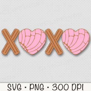 May include: A graphic design featuring two pink heart-shaped pastries with brown cinnamon stick crosses between them. The design says "XOX" with the pastries representing the "O"s.