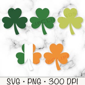 Puede incluir: Cuatro diseños de trébol en verde, verde amarillento, naranja y un diseño de bandera irlandesa verde, blanco y naranja.