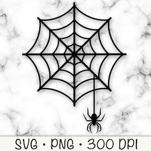 May include: Black and white silhouette of a spider web with a spider hanging from the bottom. The web is a simple design with a circular shape and radiating lines.