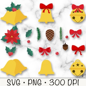 Cloches de Noël SVG, Jingle Bells PNG, Clipart Noël, poinsettia, gland, pomme de pin, gui, Noël à feuilles persistantes, noeud rouge, coquette Noël