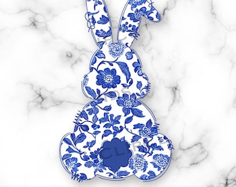 Chinoiserie Easter Bunny PNG, Blue Toile Bunny, Blue Floral Easter Bunny, Blue Willow, Doodle, Hand-Drawn, Scribble, Shirt Sublimation File