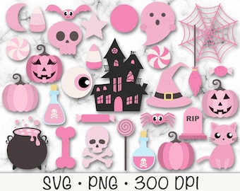 Pink Halloween Clipart, Cute Pink Halloween Clip Art, Cute Girly, SVG, PNG, Bundle Clipart, Instant Digital Download