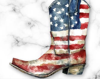 Aquarell Vaterländischer Cowboystiefel PNG, 4. Juli Western, Cowboystiefel mit amerikanischer Flagge, Sublimation, T-Shirt-Design, digitale Download-Datei