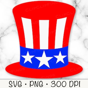 Sombrero del Tío Sam, sombrero patriótico, 4 de julio, archivo de corte vectorial SVG y fondo transparente PNG, clip art, descarga digital instantánea