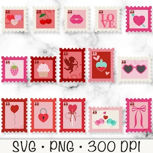 May include: A collection of Valentine's Day-themed postage stamps in shades of pink and red. Each stamp features a unique design, including hearts, cherries, lips, and Cupid. The text "25" is printed on each stamp.