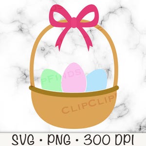 May include: A brown basket with a pink bow on top. The basket is filled with three Easter eggs: one green, one pink, and one blue.