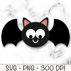 May include: A black bat with large white eyes and a pink nose. The bat has a small smile and is flying with its wings outstretched.