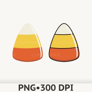 May include: Two triangular candy corn pieces featuring horizontal bands of white at the top, yellow in the middle, and orange at the base. The left piece has a soft edge, while the right piece is outlined in black. The text PNG 300 DPI is visible.