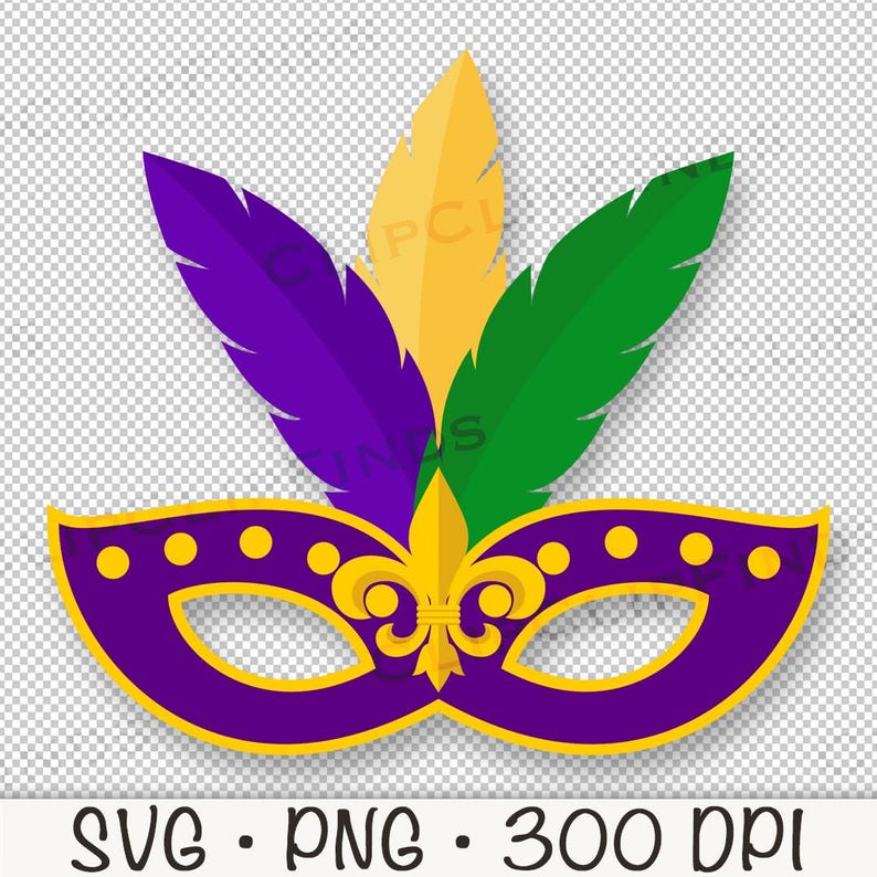 K&ouml;nnte beinhalten: Lila, gr&uuml;n und goldene Mardi Gras-Maske mit Federn. Die Maske hat ein Fleur-de-lis-Design in der Mitte.