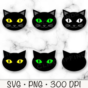 Könnte beinhalten: Sechs schwarze Katzensilhouetten mit verschiedenen Augenfarben. Die Katzen haben gelbe, grüne und weiße Augen. Die Katzen blicken nach vorne mit geschlossenem Maul.