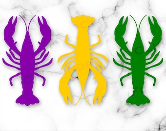 May include: Three silhouette crawfish in purple, yellow, and green. The crawfish are facing forward with their claws raised.