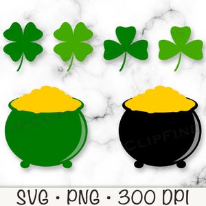 May include: Two pots of gold, one green and one black, with a yellow pot of gold inside. Four green shamrocks are also included.