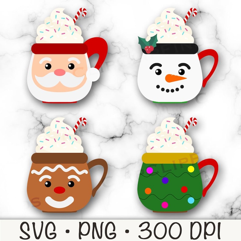 May include: Four different Christmas-themed mugs with whipped cream and sprinkles. The mugs are decorated with Santa Claus, a snowman, a gingerbread man, and a Christmas tree.