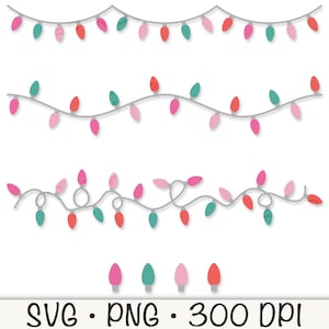 May include: Four rows of pink, red, and teal Christmas lights strung on a white wire. The lights are in a simple, hand-drawn style. The text "SVG. PNG. 300 DPI" is at the bottom of the image.