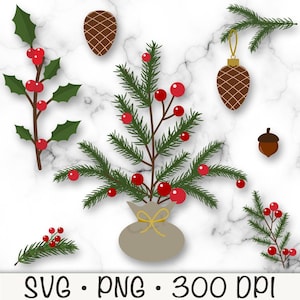 May include: A set of Christmas-themed digital clipart featuring a green pine branch with red berries in a burlap sack, a holly branch with red berries, a pine branch with a gold ornament, a pine cone, and an acorn.