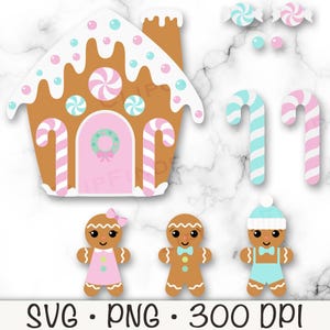 Uroczy pastelowy domek z piernika SVG, różowo-niebieska rodzina z piernika PNG Clipart, piernikowy człowiek z ubraniami, piernikowa dziewczyna, cukierki