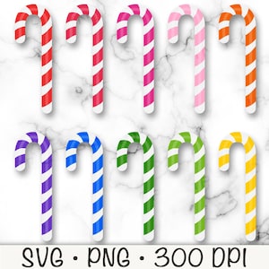 May include: A collection of nine candy canes in various colors, including red, pink, orange, purple, blue, green, and yellow, each with white stripes. The image includes the text "SVG • PNG • 300 DPI".