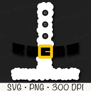 May include: A white Santa Claus suit with a black belt and a gold buckle. The suit has three black buttons on the front.