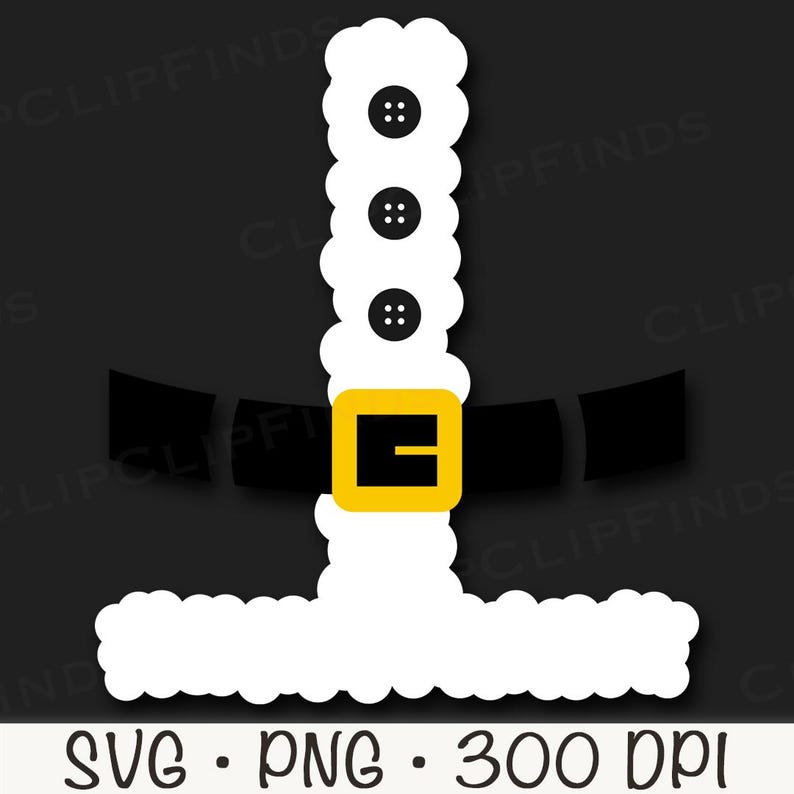 May include: A white Santa Claus suit with a black belt and a gold buckle. The suit has three black buttons on the front.