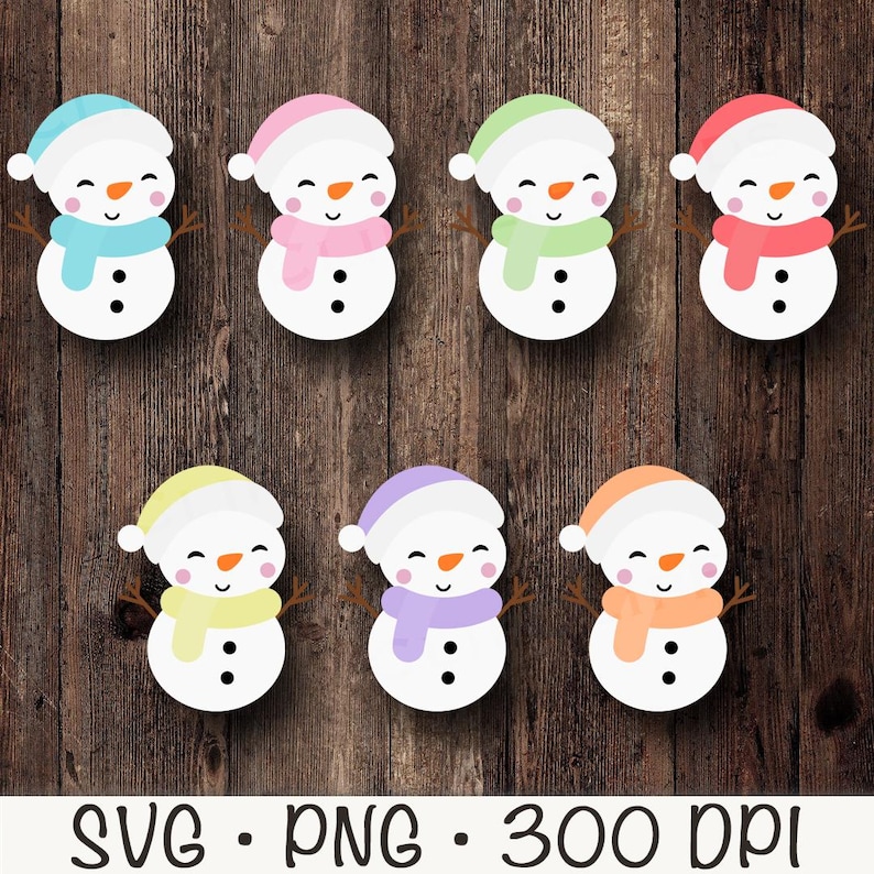 K&ouml;nnte beinhalten: Satz mit sechs digitalen Clipart-Bildern von Schneem&auml;nnern mit verschiedenen farbigen H&uuml;ten und Schals. Die Schneem&auml;nner l&auml;cheln alle und haben schwarze Augen und Kn&ouml;pfe. Der Hintergrund ist ein Holzmaserungsmuster.