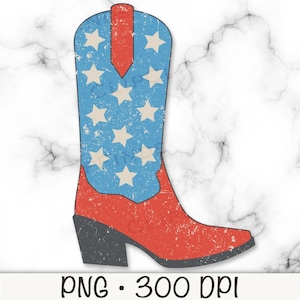 May include: A red, white, and blue cowboy boot with a distressed look. The boot has white stars on a blue background and a red top.
