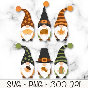 May include: Six Thanksgiving gnomes with different hats and accessories. The gnomes are wearing brown, green, and orange hats with white beards and white bodies. They are holding a pie, a turkey, a leaf, an acorn, a turkey leg, and a gift box.