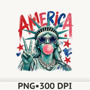May include: A graphic illustration of the Statue of Liberty wearing star-shaped sunglasses and blowing a pink bubblegum bubble. The figure makes a peace sign, wears a crystal necklace, and is surrounded by red and blue stars with the word AMERICA.
