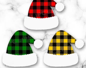 Buffalo Plaid Santa Hat Bundle Green, Red, Yellow SVG Vector Cut File and PNG Transparent Background Clip Art