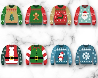 Op de afbeelding: Acht verschillende kersttrui-ontwerpen met verschillende vakantiethema's, waaronder een peperkoekman, rendier, kerstman, elf, pinguïn en sneeuwvlok. De truien zijn allemaal in cartoon-stijl en perfect om een ​​feestelijke touch aan je kerstvieringen te geven.