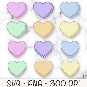 May include: Twelve heart-shaped candy conversation hearts in various pastel colors, including pink, purple, green, yellow, and blue. The hearts are arranged in three rows of four.