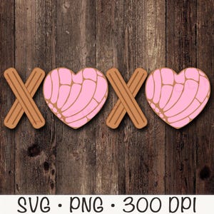 May include: A graphic design featuring the letters "XOXO" with two pink heart-shaped pastries, resembling Mexican conchas, in place of the "O"s. The background is a woodgrain texture.