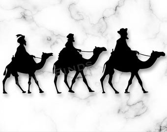 May include: Three black silhouettes of people riding camels. The people are wearing traditional clothing and the camels are walking in a line.