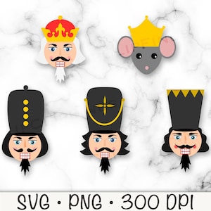May include: Five digital illustrations of Nutcracker characters. The illustrations are in a cartoon style. There are three Nutcracker soldiers with black hats and red and white uniforms. One Nutcracker soldier has a gold crown. There is also a gray mouse with a gold crown and a black and white striped hat.
